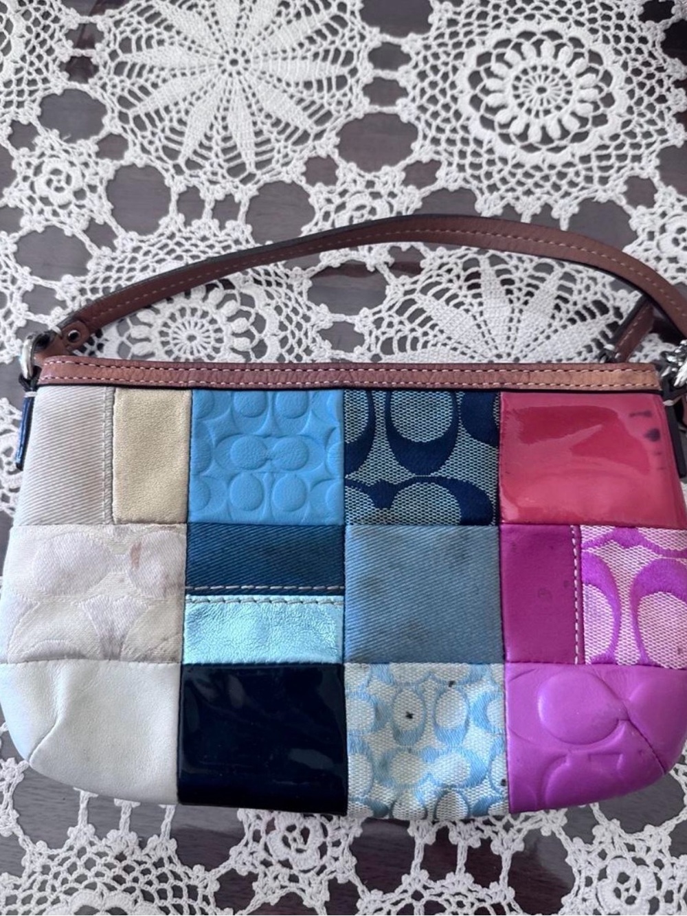 Coach Patchwork Wristlet in Blue, Pink, Purple, Tan & Black